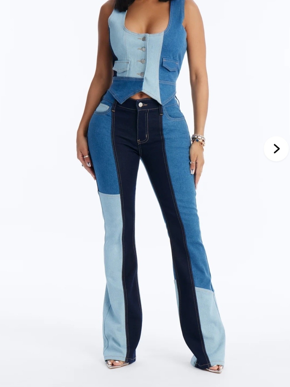 Colorblock Patchwork Flare Jeans - Blue Multi - Denim Disruption Pant Set